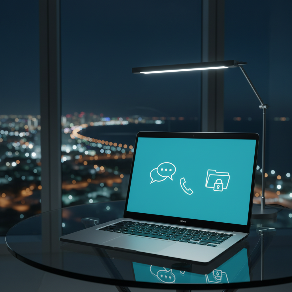 A sleek, modern laptop open on a glass table at night, its screen glowing with a clean legal dashboard interface featuring abstract icons suggesting chat bubbles, phone calls, and secure document folders without readable text. The background shows a darkened cityscape of Quintana Roo’s coastline through a large window, with distant lights softly blurred. Cool, focused LED desk lighting highlights the metallic texture of the laptop and the reflective glass surface, casting crisp but subtle shadows. Photographic realism, eye-level composition with shallow depth of field, creating a calm, professional, always-available atmosphere that emphasizes 24/7 online legal services and immediate digital contact rather than a physical office.