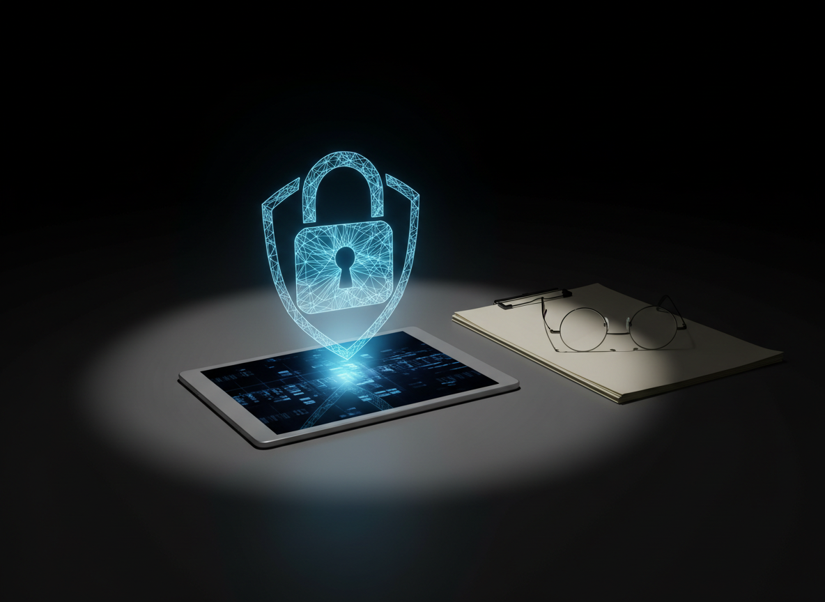 A secure-looking digital lock icon rendered as a glowing hologram above a slim tablet resting on a matte black desk, next to a stack of anonymous legal documents and a pair of simple, frameless glasses. The holographic lock casts a faint bluish light on the tablet and papers, emphasizing data protection and confidentiality. The setting is a darkened room with a single focused overhead spotlight, creating dramatic contrast and controlled shadows while maintaining a clean, modern aesthetic. Photographic realism with a slightly low angle, placing the viewer at desk level, conveying a serious, trustworthy atmosphere that underlines strict confidentiality in online legal services.