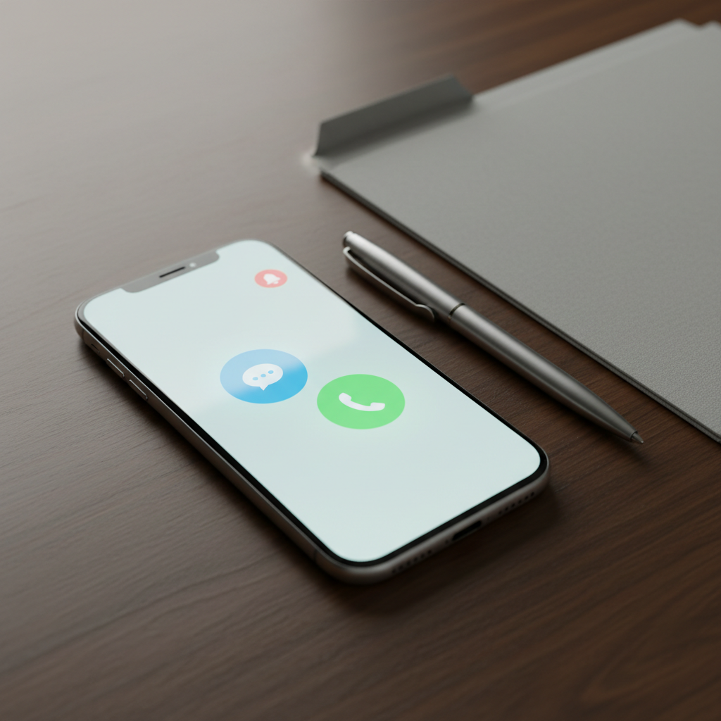 An elegant smartphone lying on a dark, finely textured wooden surface beside a simple metal pen and a closed, nondescript legal-style folder. The phone screen displays a bright, minimalist interface with large abstract buttons for live chat and phone call, and a small glowing notification symbol to suggest urgency, without any legible text. Soft studio lighting from above and slightly to the side creates gentle reflections on the phone’s glass and subtle shadows around the objects. Photographic realism, shot from a slightly elevated angle with the phone centered, conveying immediate contact, emergency access, and modern, professional legal assistance in Quintana Roo without showing any people.