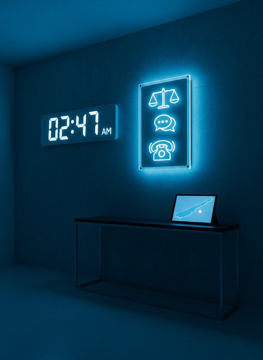 An abstract emergency legal assistance scene featuring a large digital clock on a wall showing a late-night hour, adjacent to a glowing wall-mounted display with iconography of legal scales, chat bubbles, and a ringing phone, all without actual text. Below, a narrow console table holds a tablet propped upright and illuminated from its screen, with a subtle map outline hinting at Quintana Roo’s coastline. Soft, cool artificial lighting with a faint blue accent creates a sense of nighttime urgency yet controlled professionalism. Photographic realism, wide-angle shot with rule-of-thirds composition, highlighting 24/7 availability and rapid response to legal emergencies without depicting any people or physical office branding.