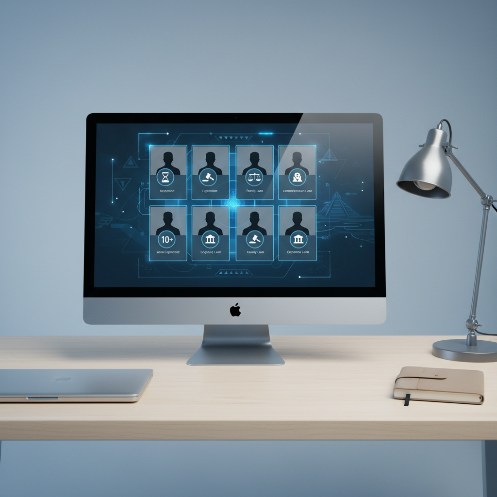 A sophisticated, high-resolution computer monitor on a tidy, minimalist desk, displaying an abstract, professional lawyer profile interface with multiple framed silhouettes and icon-based badges for years of experience and specialties, without using any human faces or readable names. Surrounding the monitor are a closed laptop, a simple metal desk lamp, and a neutral-toned notebook, all arranged symmetrically. Cool, even office lighting creates a clear, crisp atmosphere with gentle reflections on the monitor’s glossy surface. Photographic realism, eye-level composition with sharp focus throughout, evoking trust, professionalism, and detailed attorney profiles for an online legal service in Quintana Roo operating around the clock.